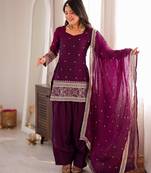 Plum silk blend embroidered farshi salwar set