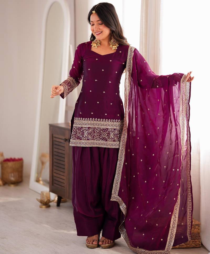 Plum silk blend embroidered farshi salwar set