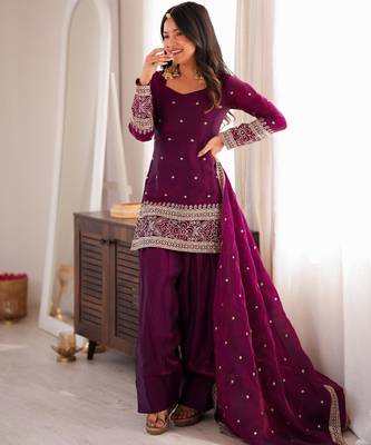Plum silk blend embroidered farshi salwar set 3