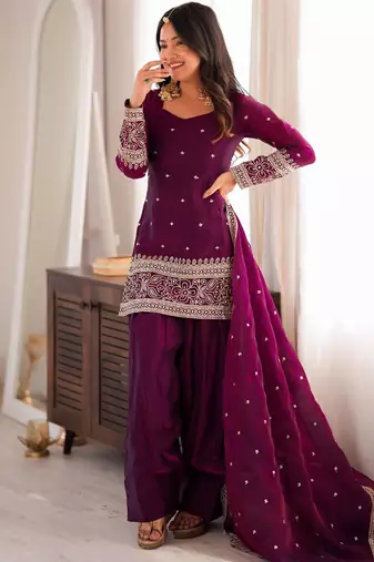 Plum silk blend embroidered farshi salwar set