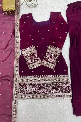 Plum silk blend embroidered farshi salwar set