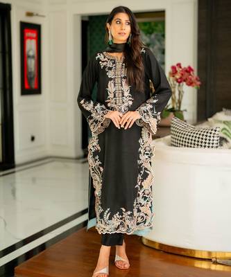 Black rayon embroidered kurta set 1