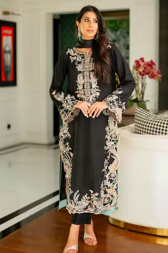 Black rayon embroidered kurta set