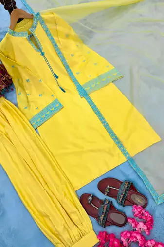Yellow silk blend embroidered with ballon pants