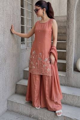 Women's Beautiful Embroidery Work French Crepe Fabric Straight Kurta Sharara and Dupatta Set 1