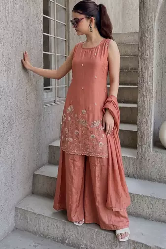 Women's Beautiful Embroidery Work French Crepe Fabric Straight Kurta Sharara and Dupatta Set