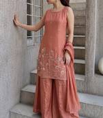 Women's Beautiful Embroidery Work French Crepe Fabric Straight Kurta Sharara and Dupatta Set