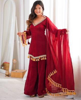 Red silk blend lace palazzo set 1