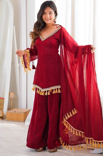 Red silk blend lace palazzo set