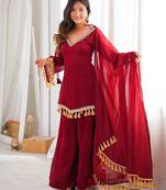 Red silk blend lace palazzo set