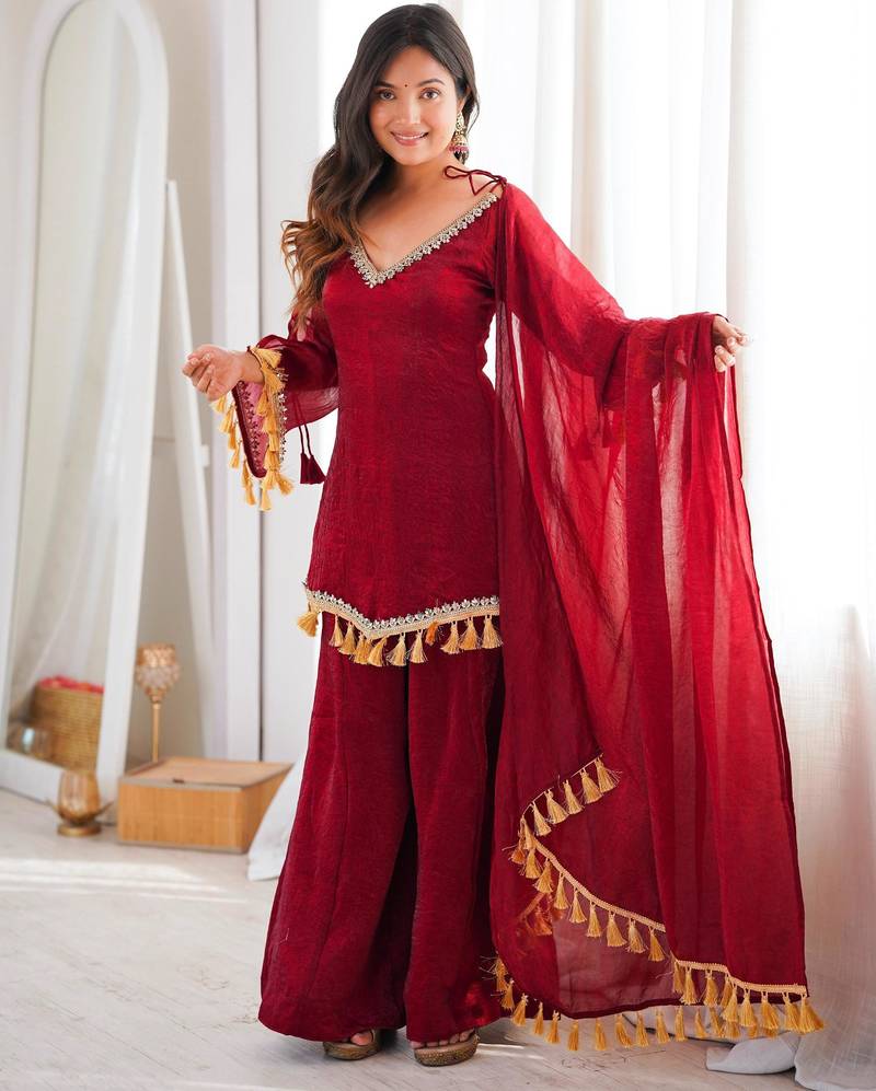 Red silk blend lace palazzo set