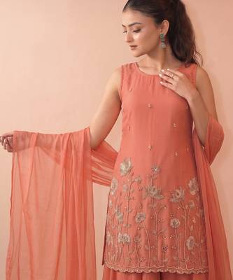 Women's Beautiful Embroidery Work French Crepe Fabric Straight Kurta Sharara and Dupatta Set 2