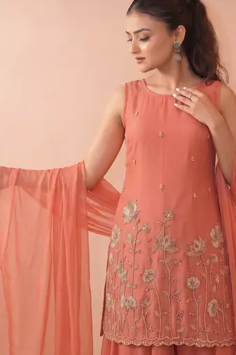Women's Beautiful Embroidery Work French Crepe Fabric Straight Kurta Sharara and Dupatta Set