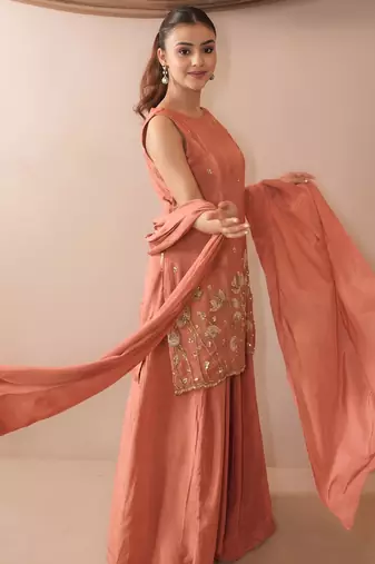 Women's Beautiful Embroidery Work French Crepe Fabric Straight Kurta Sharara and Dupatta Set