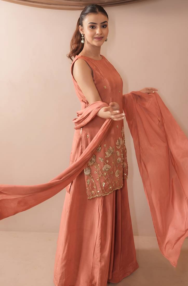 Women's Beautiful Embroidery Work French Crepe Fabric Straight Kurta Sharara and Dupatta Set