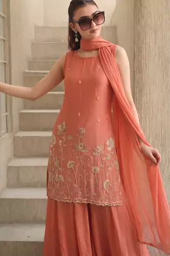 Women's Beautiful Embroidery Work French Crepe Fabric Straight Kurta Sharara and Dupatta Set