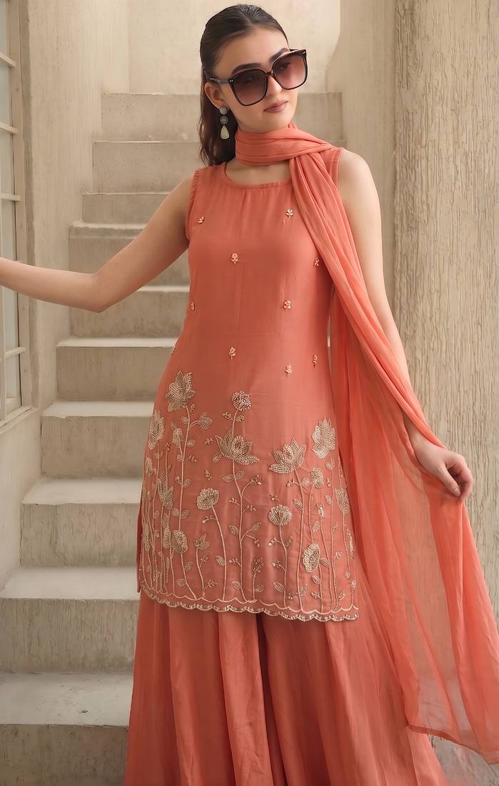 Women's Beautiful Embroidery Work French Crepe Fabric Straight Kurta Sharara and Dupatta Set