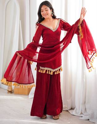 Red silk blend lace palazzo set 2
