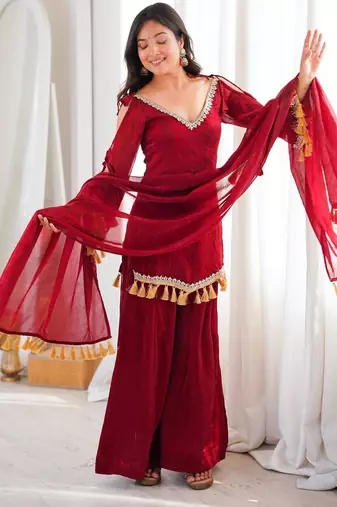 Red silk blend lace palazzo set