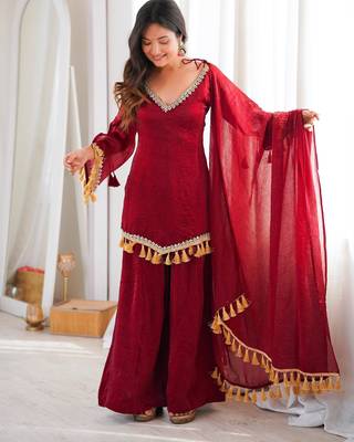 Red silk blend lace palazzo set 3