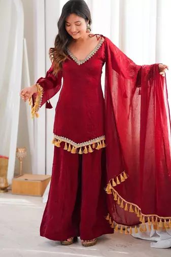 Red silk blend lace palazzo set