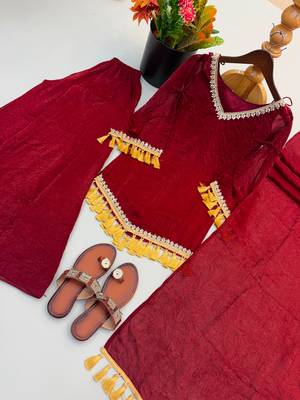 Red silk blend lace palazzo set 4