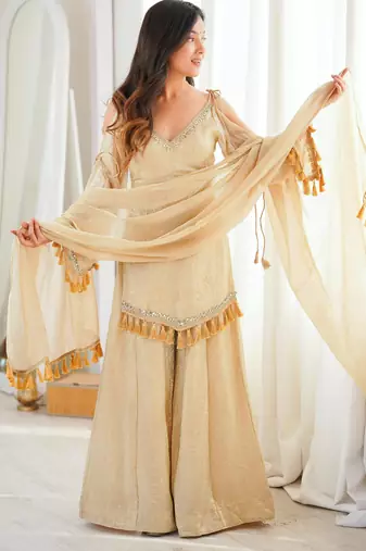 Beige silk blend lace palazzo set