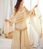 Beige silk blend lace palazzo set