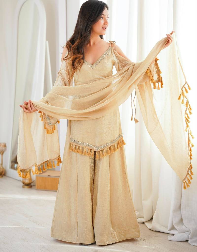 Beige silk blend lace palazzo set