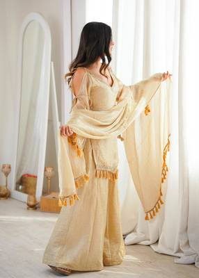 Beige silk blend lace palazzo set 2