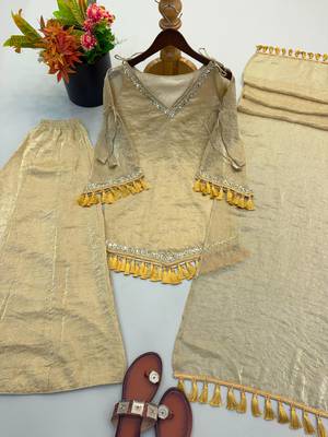 Beige silk blend lace palazzo set 3