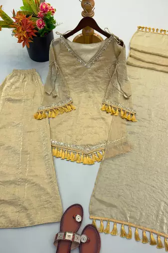Beige silk blend lace palazzo set
