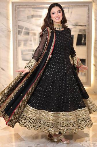 Black faux georgette embroidered flared gown set