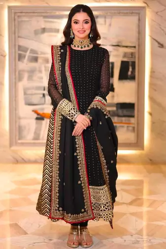Black faux georgette embroidered flared gown set