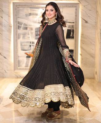Black faux georgette embroidered flared gown set 3