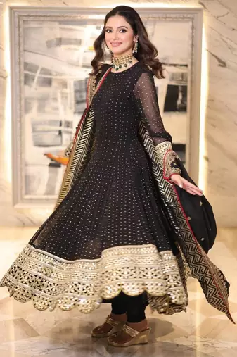 Black faux georgette embroidered flared gown set