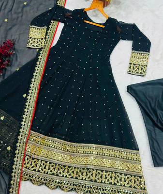Black faux georgette embroidered flared gown set 4