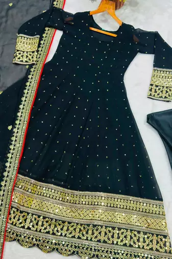 Black faux georgette embroidered flared gown set