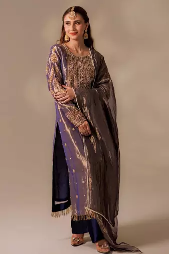 Purple silk blend embroidered kurta set