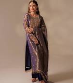 Purple silk blend embroidered kurta set