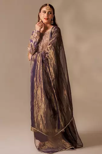 Purple silk blend embroidered kurta set
