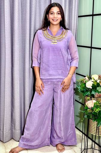 Lavender silk blend embroidered palazzo set