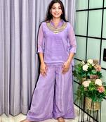 Lavender silk blend embroidered palazzo set