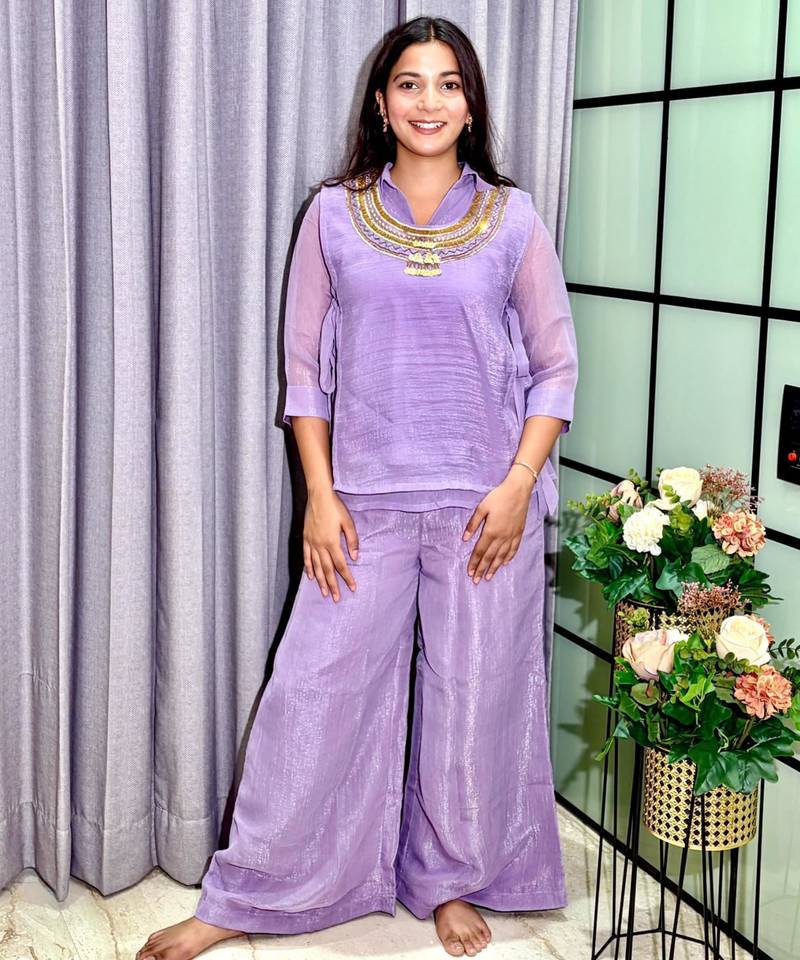 Lavender silk blend embroidered palazzo set