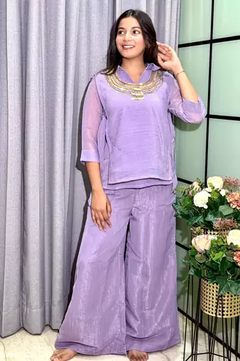 Lavender silk blend embroidered palazzo set