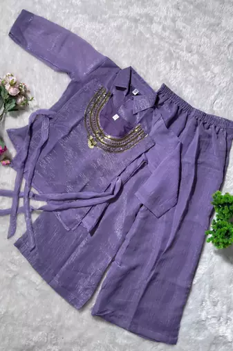 Lavender silk blend embroidered palazzo set