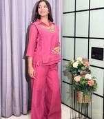 Pink silk blend embroidered palazzo set