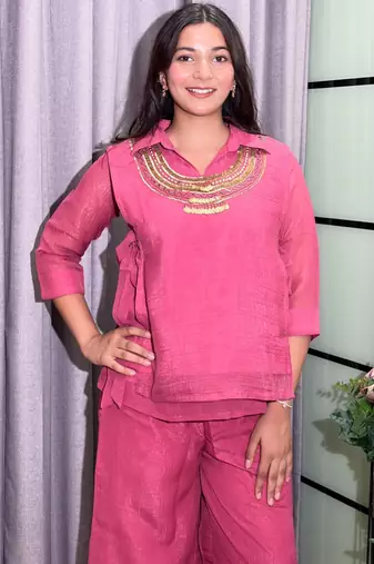 Pink silk blend embroidered palazzo set