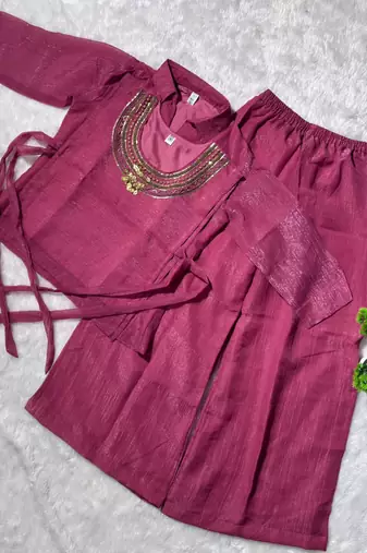 Pink silk blend embroidered palazzo set