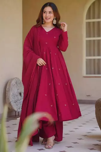Wine silk blend embroidered anarkali set
